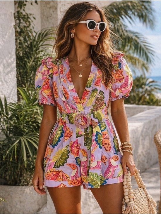 FARM Rio Tops - Farm Rio Lilac Beaks and Bananas Romper